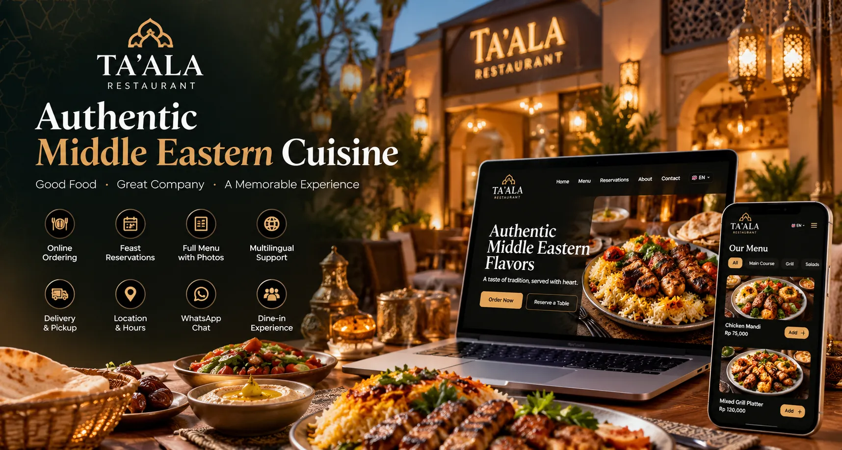 Ta’Ala Restaurant website on laptop and phone